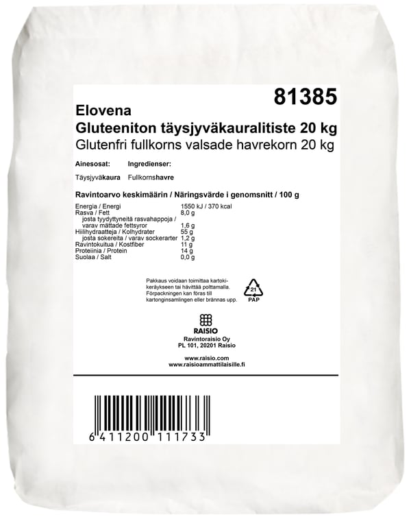 Elovena Gluteeniton Täysjyväkauralitiste 20kg