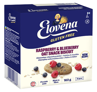 Elovena Gluteeniton Välipalakaurakeksi Vadelma-Mustikka